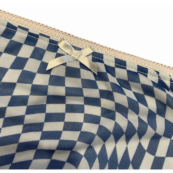 blue checkered alice wonderland mesh overlay pencil skirt with lettuce hem bow - Picture 2 of 6